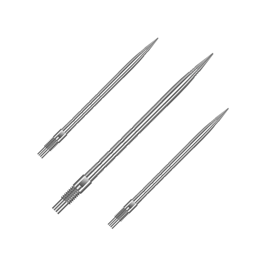 Harrows Quick Point Micro Ridge Dart Tips - Zilver Das Bild zeigt QP28023 Harrows Quick Point MicroRidge Dartspitzen Silber 40mm 1Set. Es handelt sich um Ersatz-Dartspitzen für Darts in silberner Farbe.