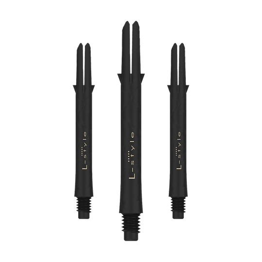 L-Style carbon schachten Das Bild zeigt drei schwarze Dartschäfte aus Carbon der Marke L-Style. Die Schäfte sind ohne Kappen und jeweils mit dem Schriftzug "L-style" versehen.