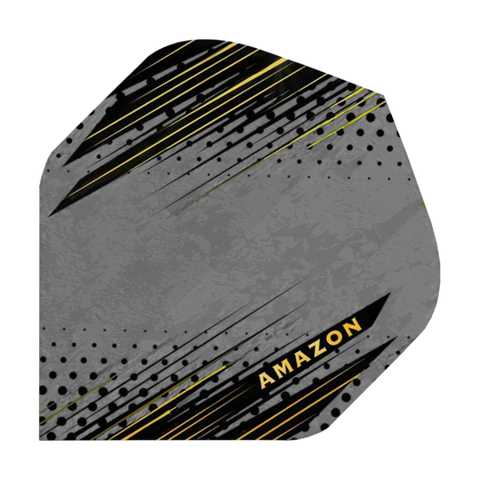 A39_Amazon_ORO_Standard_Flights_Grau_1 Das Bild zeigt das Produkt "Amazon ORO Standard Flights" mit einem modernen, grauen und schwarzen Design und gelben Akzenten. Im unteren rechten Bereich ist das Wort "AMAZON" in Gelb zu sehen.