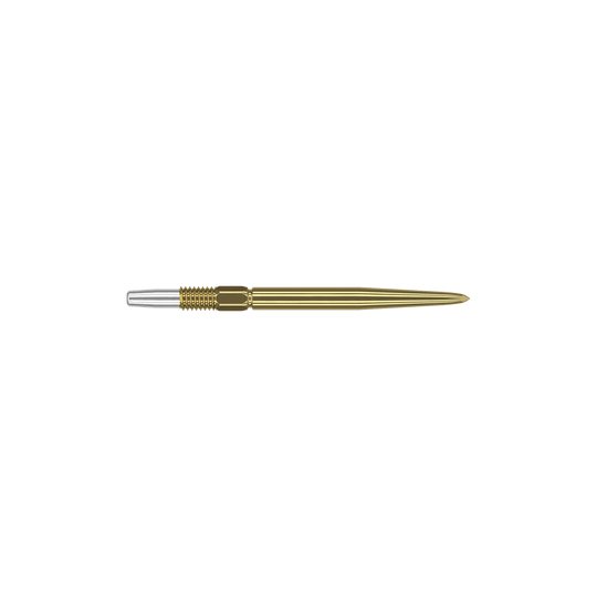 Das Bild zeigt eine goldfarbene Dartspitze mit feinen Rillen. Links befindet sich ein silbernes Schraubgewinde zur Befestigung.