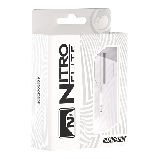 Die Abbildung zeigt die Verpackung der „Red Dragon Nitroflite - White Shaft Clear No2 Flights“. Die Verpackung ist überwiegend weiß und hat ein Sichtfenster, durch das die Dartflights zu sehen sind.