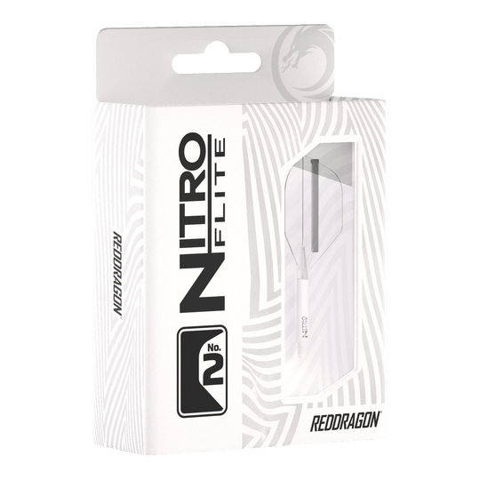 Red Dragon Nitroflite - Witte Schacht Clear No2 Vluchten Die Abbildung zeigt die Verpackung der „Red Dragon Nitroflite - White Shaft Clear No2 Flights“. Die Verpackung ist überwiegend weiß und hat ein Sichtfenster, durch das die Dartflights zu sehen sind.