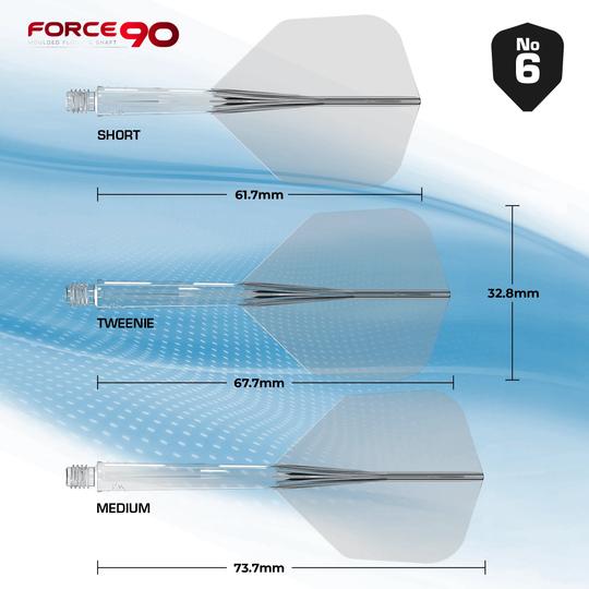 Mission Force 90 No6 Flight Shaft System - Zwart Das Bild zeigt das Produkt "Mission Force 90 No6 Flight-Shaft-System - Clear" in drei verschiedenen Längen: Short, Tweenie und Medium. Die jeweiligen Längen sind 61,7 mm, 67,7 mm und 73,7 mm, mit einer Flügelhöhe von 32,8 mm.