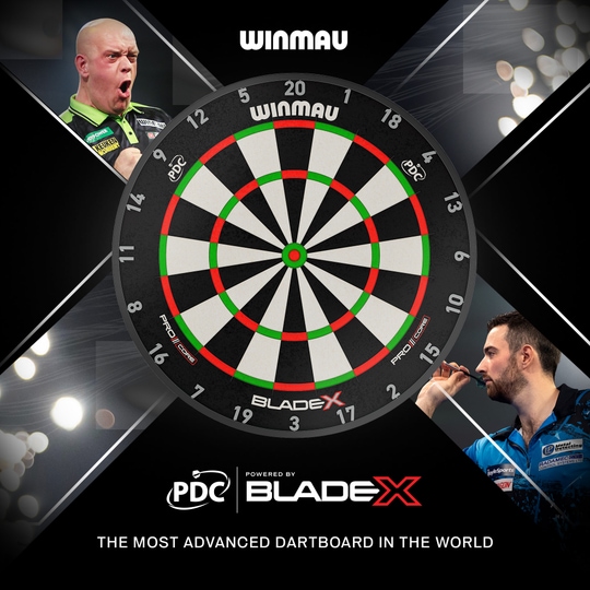 Winmau Blade X ProCore stalen dartbord Auf dem Bild ist ein Winmau Blade X ProCore Steeldartboard zu sehen. Es ist für den Gebrauch mit Steeldarts geeignet.