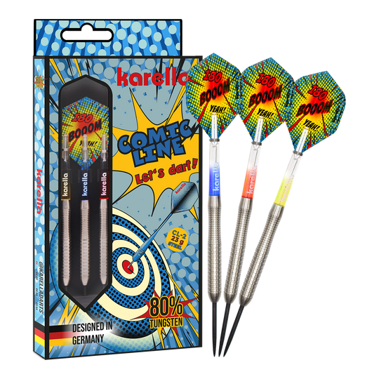 Karella Comic Line CL-2 stalen dartpijlen - 23 g Zu sehen ist das vollständige Set der Karella Comic Line CL-2 Steeldarts in 23g. Die Steeldarts bieten eine gute Balance für ambitionierte Spieler.
