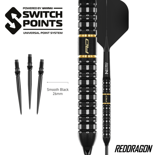 Das Bild zeigt die Red Dragon Ascend Parallel Switch Point Steeldarts. Die Darts sind seitlich abgebildet und zeigen das spezielle Barrel-Design.