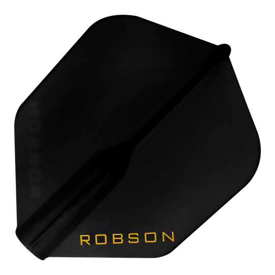 Robson Plus No6 Flights Auf dem Bild ist ein schwarzes Dart-Flight zu sehen. In einer Ecke steht das Wort "ROBSON" in gelber Schrift.