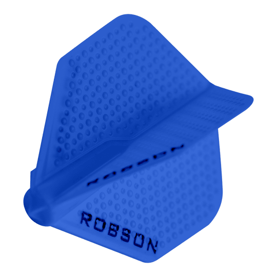 Robson Plus Dimple Flights - Blau Das Bild zeigt das Produkt "Robson Plus Dimple Flights - Blau". Es handelt sich um einen blauen Dartflug mit strukturierter Oberfläche und dem Aufdruck "ROBSON".