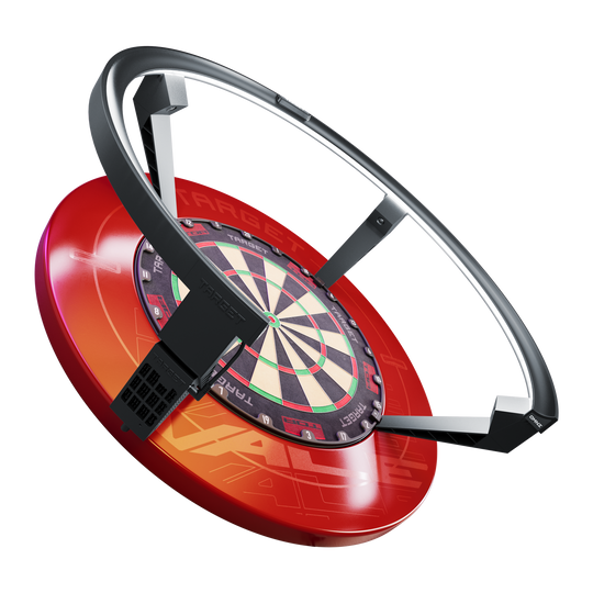 Target OMNI auto-scoring systeem Das Bild zeigt das Produkt "Target OMNI Auto-Scoring-System", ein innovatives automatisches Punktesystem für Dartscheiben. Es besteht aus einem roten Sockel, einer Dartscheibe und einem großen schwarzen Ring, der über der Scheibe angebracht ist.