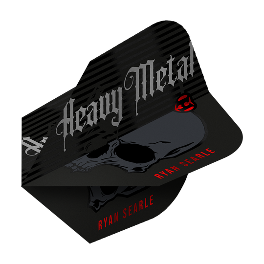 Harrow's Ryan Searle Heavy Metal Series 2 Vluchten Das Bild zeigt ein Dart-Flight mit der Aufschrift "Heavy Metal" und einem Totenkopf-Design. Unten steht in roten Buchstaben der Name "Ryan Searle".