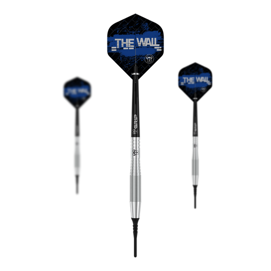 Bulls Martin Schindler TW80 zachte darts - 18g Das Bild zeigt drei Softdarts des Modells "Bulls Martin Schindler TW80" mit einem Gewicht von 18g. Die Flights der Darts sind schwarz-blau und tragen die Aufschrift "THE WALL".
