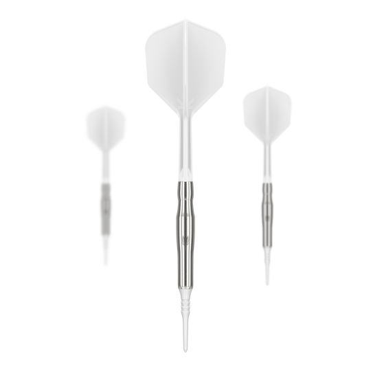 Target Japan Crux Brave Soft Darts - 18,5 g Das Bild zeigt drei Softdarts des Produkts "Target Japan Crux Brave Softdarts - 18,5g". Die Darts haben silberne Schäfte und weiße Flights.