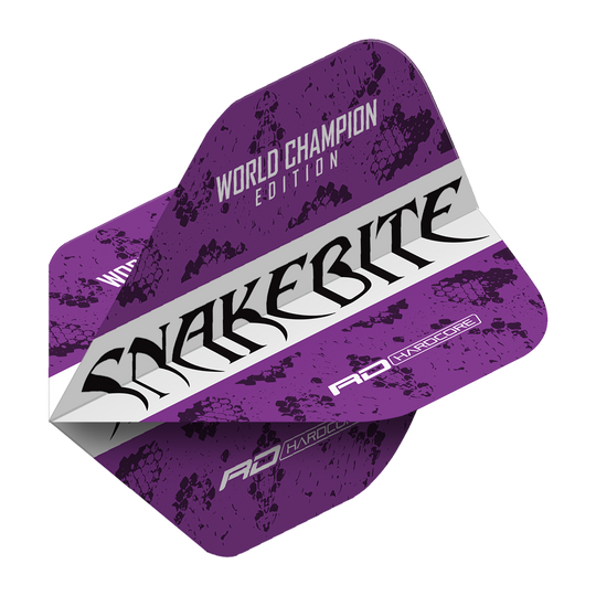 Dies ist ein lila-weißes Dart-Flight mit dem Aufdruck "SNAKEBITE" in schwarzer Schrift. Oben steht "World Champion Edition" und das Design zeigt ein Schlangenhautmuster.