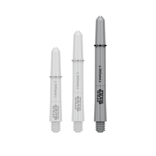 Target Star Wars ProGrip Shafts - Grijs Das Bild zeigt ein Dart-Zubehör mit dem Dateinamen 380432_Target_StarWars_ProGrip_Shafts_Grau_Medium_48mm_1. Es handelt sich wahrscheinlich um einen einzelnen grauen Medium ProGrip Shaft von Star Wars mit 48mm Länge.