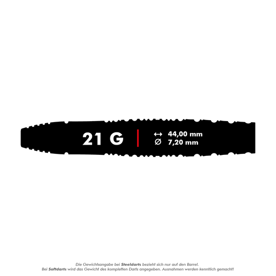 Target Japan Toru Suzuki Sereno GEN1 Swiss Point Steeldarts - 21g Das Bild zeigt einen Dartpfeil mit der Aufschrift "21 G". Die Länge beträgt 44,00 mm und der Durchmesser 7,20 mm.