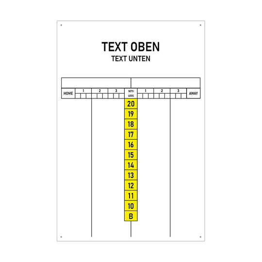 INSCORE3_Scoreboard_mit_Wunschdruck_40x60cm_Gelb_1 Das Bild zeigt eine Anzeigetafel mit einem großen Feld für individuellen Text oben und unten. In der Mitte befinden sich gelbe Felder mit den Zahlen 10 bis 20 und einem "B" darunter.