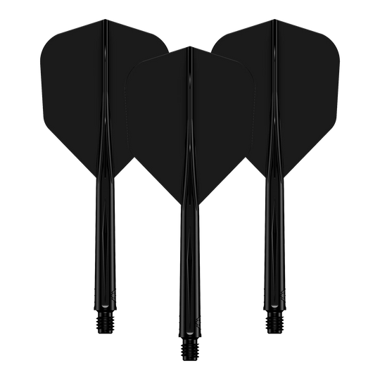 Auf dem Bild sind drei schwarze Dartflights mit passenden Shafts zu sehen. Sie stehen nebeneinander und sind identisch gestaltet.