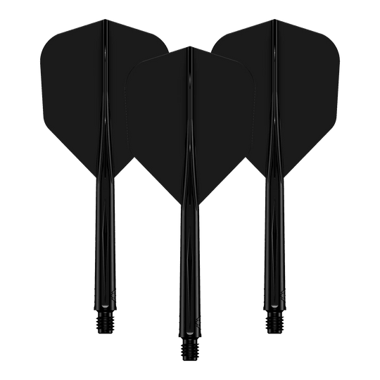 Mission Force 90 No6 Flight Shaft System - Zwart Auf dem Bild sind drei schwarze Dartflights mit passenden Shafts zu sehen. Sie stehen nebeneinander und sind identisch gestaltet.