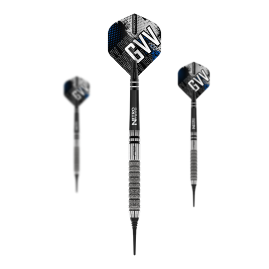 Das Bild zeigt die Red Dragon Gian Van Veen Tour Edition Softdarts mit einem Gewicht von 20g. Die Pfeile haben schwarze und silberne Details sowie Flights mit dem Aufdruck "GVV".