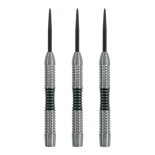 McDart Black Stripe 2 stalen dartvaten - 22g Das Bild zeigt drei Steeldart-Barrels mit silberner Oberfläche und schwarzen Ringen in der Mitte. Es handelt sich um das Produkt "McDart Black Stripe 2 Steeldart-Barrels - 22g".