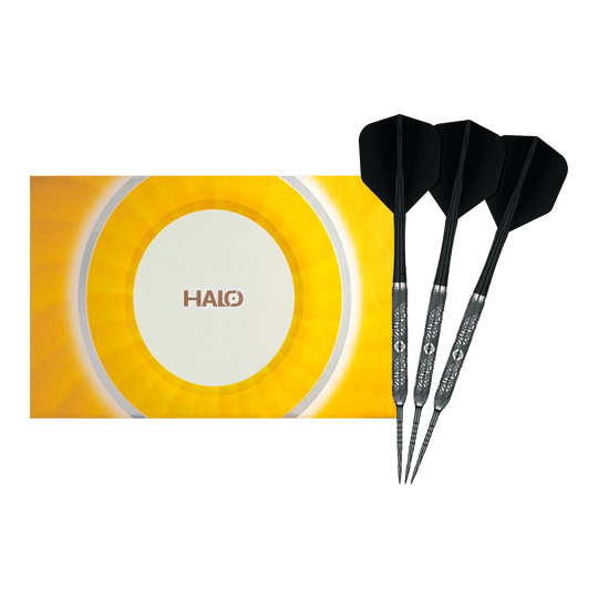 Abgebildet sind die Caliburn Halo H3 Steeldarts mit 21,5g als vollständiger Satz. Die Darts werden komplett gezeigt.