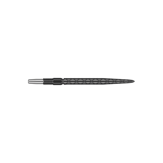 Target Swiss Diamond Pro Black Points dartpunten Das Bild zeigt eine schwarze Dartspitze mit einem rautenförmigen Muster. Sie ist schlank und hat ein Schraubgewinde am hinteren Ende.