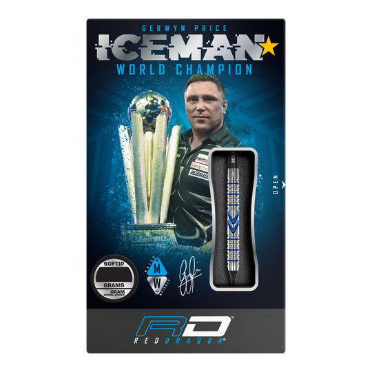 Red Dragon Gerwyn Price Iceman Midnight Edition Zachte Darts - 20g Die Verpackung zeigt die Red Dragon Gerwyn Price Iceman Midnight Edition Softdarts mit einem Gewicht von 20g. Auf der Vorderseite sind ein Bild von Gerwyn Price und ein Dartpfeil abgebildet.