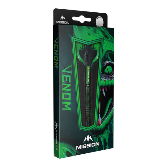 Mission Venom stalen darts Die Abbildung zeigt eine Packung der "Mission Venom Steeldarts". Die Verpackung ist hauptsächlich grün und schwarz gestaltet und zeigt ein auffälliges Schlangendesign.