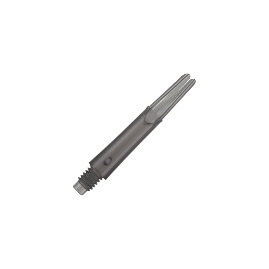 Dies ist ein transparenter, schwarzer Dart-Schaft in gerader Form. Er hat ein Schraubgewinde am unteren Ende und ist 32 mm lang.
