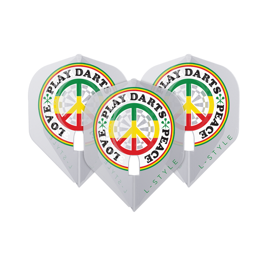 Das Bild zeigt drei weiße Dart-Flights der Marke L-Style Deta Hedman V4 L1PRO. Auf den Flights steht in bunten Farben der Schriftzug "LOVE PLAY DARTS PEACE" um ein Peace-Zeichen.