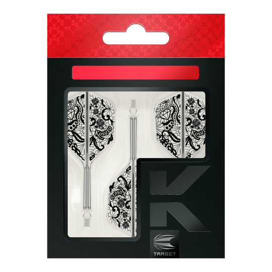 Das Bild zeigt die Verpackung des Produkts "Target Japan K-Flex Diamond No6 Flight-Shaft-System". Zu sehen sind drei transparente Dartschäfte mit weißen Flights, die ein detailliertes, schwarzes Muster haben.