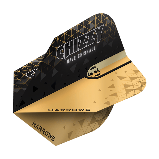Harrows Prime Dave Chisnall Chizzy 2 nr. 6 Vluchten Das Bild zeigt ein Harrows Prime Dave Chisnall Chizzy 2 No6 Flight. Das Flight ist schwarz-gold gestaltet und trägt den Aufdruck "CHIZZY DAVE CHISNALL" sowie das Harrows-Logo.
