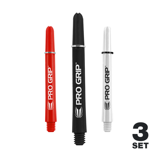 Auf dem Bild sind drei Dartschäfte in den Farben Rot, Schwarz und Weiß zu sehen. Jeder Schaft trägt die Aufschrift "PRO GRIP" und unten rechts steht "3 SET".