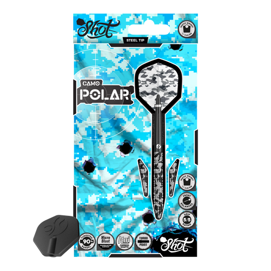 Das Produktbild zeigt Shot Camo Polar TurboPoint Steeldarts. Die Darts unterscheiden sich durch ein Muster.