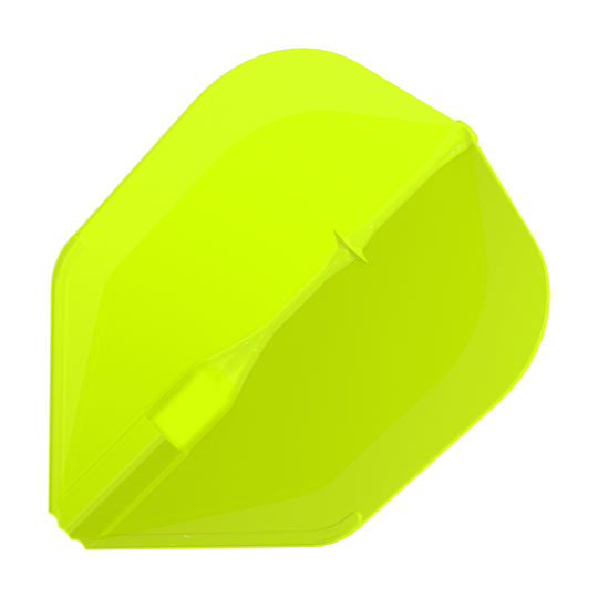 L-L-Style3EZ-vluchten Das Bild zeigt eine neon-gelbe Dartflügel. Die Oberfläche ist glatt und hat eine auffällige, leuchtende Farbe.
