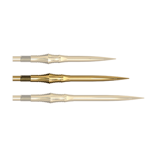 Dartspitzen der Spire Gold Elite Serie sind abgebildet. Die Spitzen sind goldfarben und schmal.