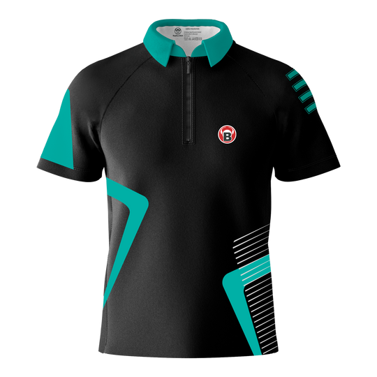 Das Bild zeigt das Bulls Team Dartshirt in der Farbe Mint. Das Shirt ist überwiegend schwarz mit mintfarbenen Akzenten und einem kleinen B-Logo auf der Brust.