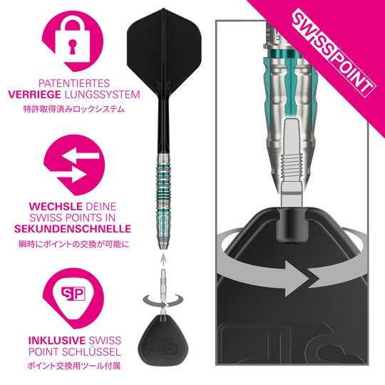 Target Japan Black Marque Pierce Swiss Point stalen dartpijlen Das Bild zeigt das Produkt Target Japan Black Marque Pierce Swiss Point Steeldarts. Die Steeldarts sind speziell für Präzision und Design bekannt.