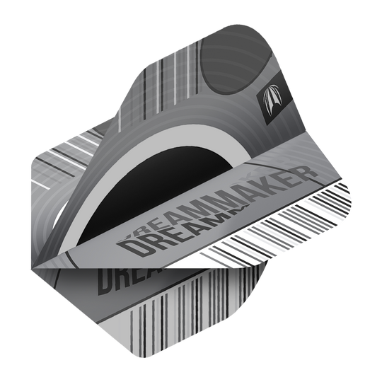 Target Pro Ultra Dimitri Van Den Bergh X Echo No2 Standaardvluchten - 3 sets Auf dem Bild ist ein Dart Flight der Marke Target Pro Ultra Dimitri Van Den Bergh X Echo No2 zu sehen. Das Design ist in Grau- und Schwarztönen gehalten und trägt den Schriftzug "DREAMMAKER".