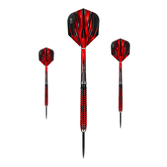 Harrows Fire Inferno stalen pijlen Das Bild zeigt drei Harrows Fire Inferno Steeldarts mit auffälligem rot-schwarzem Design. Die Spitzen sind aus Metall und die Flights haben ein flammenartiges Muster.
