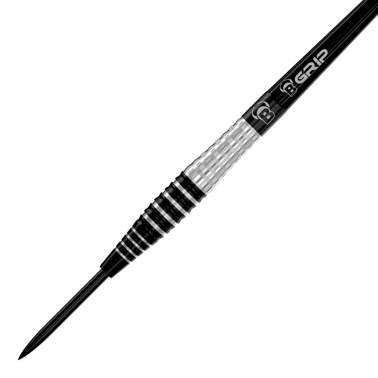 Bulls Martin Schindler Original Generation 3 steel darts Das Bild zeigt den Bulls Martin Schindler Original Generation 3 Steeldart. Der Dart hat ein silber-schwarzes, geriffeltes Griffstück und eine spitze Metallspitze.