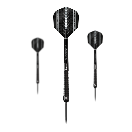 Harrows Supergrip 90 Black Edition Quick Point stalen dartpijlen Auf diesem Bild ist ein Set der Harrows Supergrip 90 Black Edition Quick Point Steeldarts zu sehen. Die Steeldarts sind ideal für Turniere und Freizeitspiele.