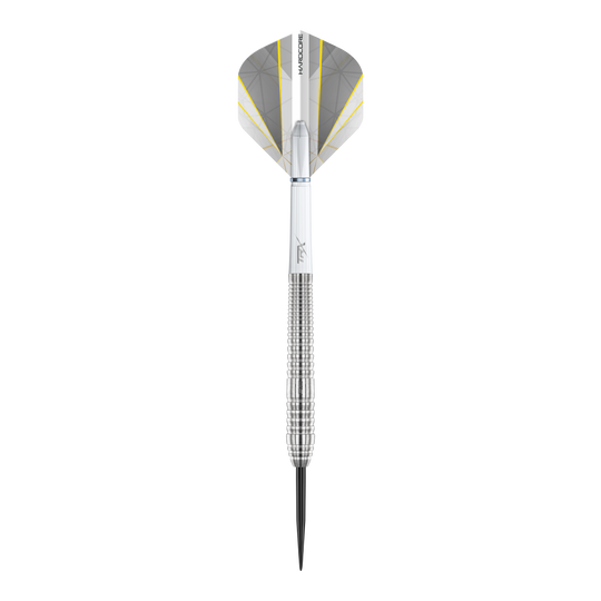 Red Dragon Seren 2 Pure Steeldarts Das Bild zeigt einen Red Dragon Seren 2 Pure Steeldart mit silbernem Schaft und Spitze. Die Flights sind weiß mit grauen und gelben Akzenten gestaltet.