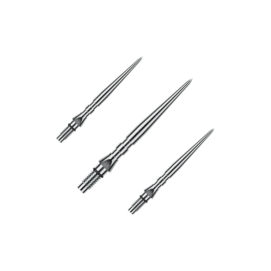 Winmau Switch Point Groove stalen dartpunten - Zilverkleurig effect Auf dem Bild ist ein Set von silbernen Steeldartspitzen mit Rillen zu sehen, wahrscheinlich 'Switch Point Groove Silver Effect' und 26mm lang. Das Set ist für den Einsatz bei Steeldarts gedacht.