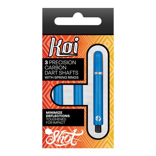 Shot Koi Carbon Shafts - Blauw Die Abbildung zeigt eine Verpackung mit drei blauen Carbon-Dartschäften der Marke Koi. Auf der Packung steht, dass die Schäfte Präzision bieten, mit Sprengringen ausgestattet sind und Abweichungen minimieren.