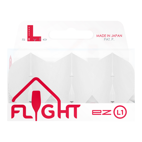 L-Style Champagne L1EZ Standaard Vluchten Das Bild zeigt eine Packung mit weißen L-Style Champagne L1EZ Standard Flights. Die Verpackung ist durchsichtig und mit roten sowie grauen Aufschriften gestaltet.