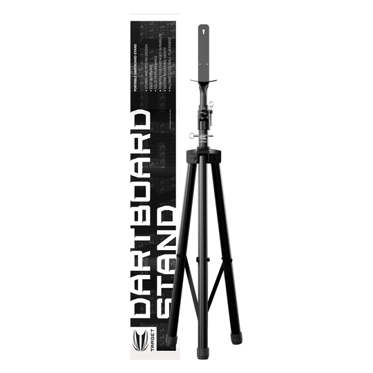 Target Dartbordstandaard Das Bild zeigt einen Target Dartboard Stand neben seiner Verpackung. Der Ständer ist schwarz und hat ein stabiles, dreibeiniges Design.