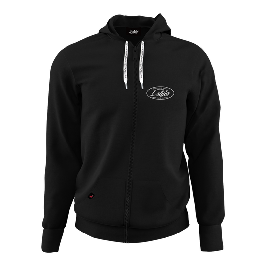 L-Style hoodie - zwart Das Bild zeigt einen schwarzen Hoodie mit Reißverschluss und Kapuze. Auf der Brust befindet sich ein weißes "L-Style"-Logo.