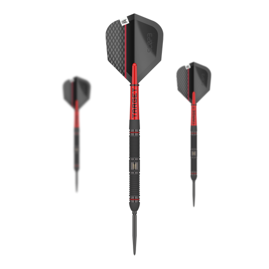 Target Scope 01 Swiss Point stalen darts Das Bild zeigt drei Steeldarts des Modells "Target Scope 01 Swiss Point". Die Darts sind überwiegend schwarz mit roten Akzenten und haben ein modernes, sportliches Design.