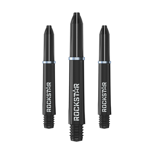 Winmau Joe Cullen Rockstar Nylon Shafts Zwart Das Bild zeigt drei schwarze Dartschäfte mit der Aufschrift "ROCKSTAR". Sie sind jeweils mit einem silbernen Metallring versehen.